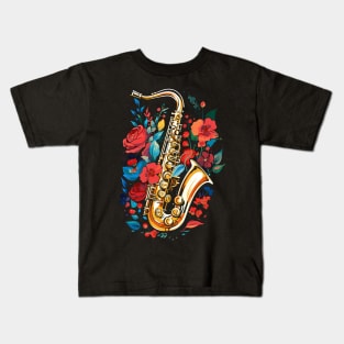 Saxophone Instrument Retro Red Flowers Color Nature Splash Kids T-Shirt